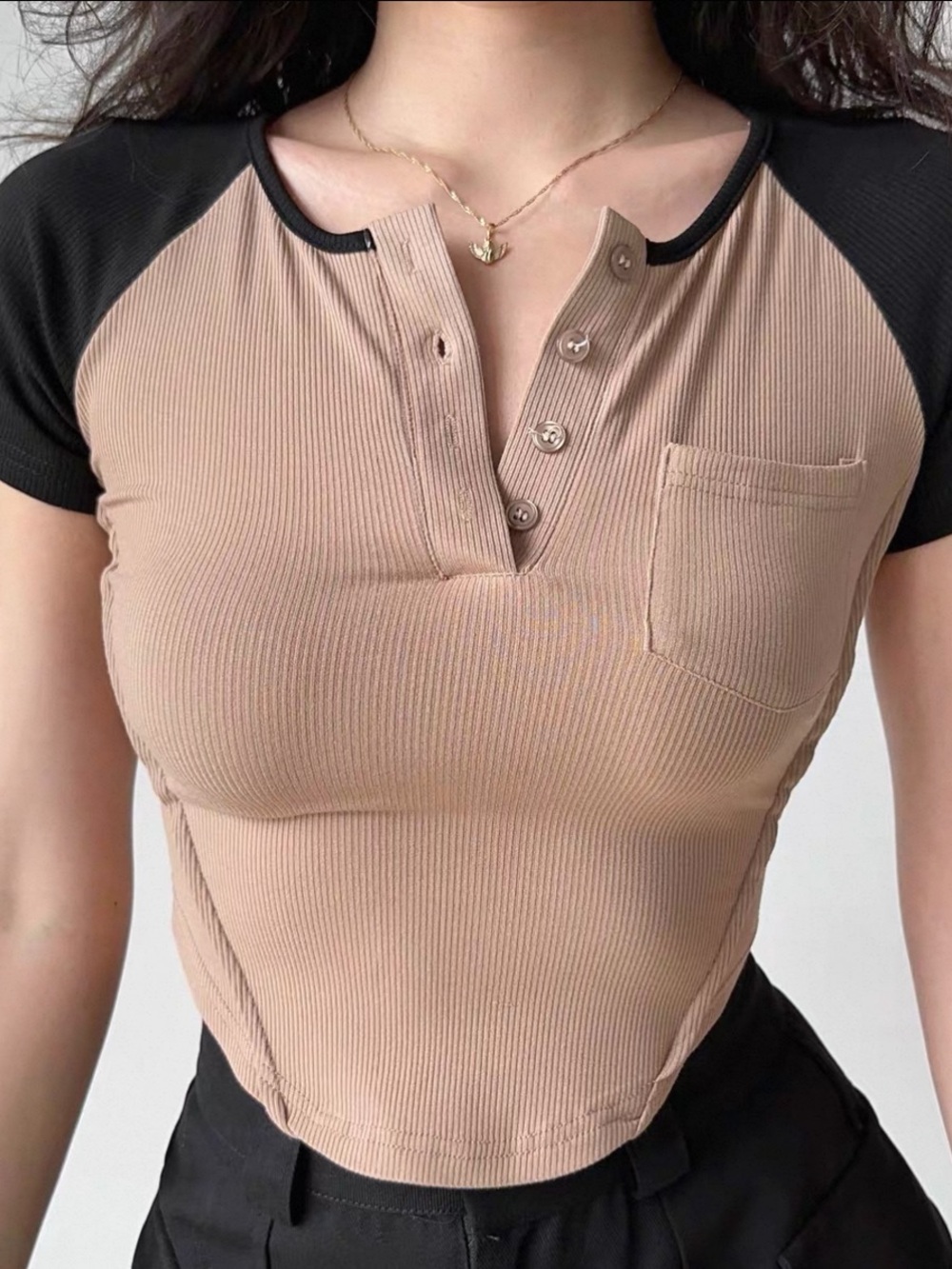 Raglan Sleeve Stretch Rib Knit Crop Top in Khaki and Black